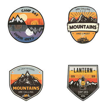Set of vintage hand drawn travel logos. Hiking labels concepts. Mountain expedition badge designs. Travel logos, trekking logotypes collection. Stock retro patches isolated on white background