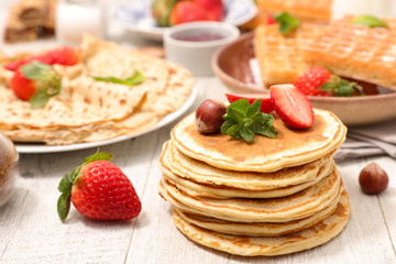 assorted pancake, waffle and crepe