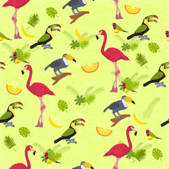 Seamless vector background on a tropical theme with flamingos