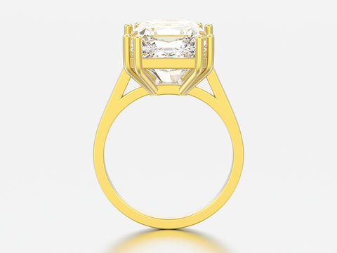 3D illustration gold traditional solitaire engagement diamond ring with radiant diamond