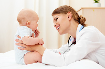 Smiling woman physician examining cute baby in the office. 