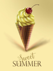 Summer minimalism illustration, creative concept. Digital hand drawn vanilla ice cream in the waffel chocolate cone with with cherry. Summer dessert