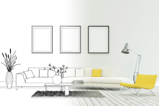 Interior Design Modern Loft Drawing Gradation Into Photograph