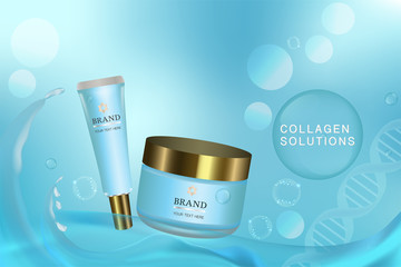Beauty product, blue cosmetic containers with advertising background ready to use, luxury skin care ad, vector 3d illustration.	