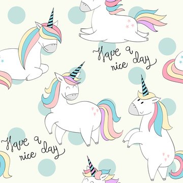 Vector seamless pattern with Magic cute unicorns.