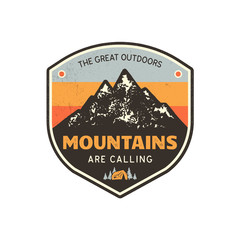 Vintage hand drawn mountains emblem. The great outdoor patch. Mountains are calling sign quote. Retro colors and grunge letterpress effect. Stock badge illustration isolated on white background