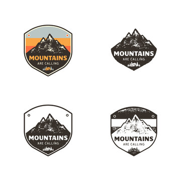 Ski Club, Mountains Explorer Labels. Vintage hand drawn mountain winter camp badges. Outdoor adventure ski camp logo design. Travel patch, hipster print. Retro colors, black emblems. Stock 