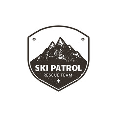 Vintage hand drawn mountain ski patrol emblem. Rescue team patch. Mountains stamp. Monochrome, grunge letterpress effect. Stock retro badge illustration isolated on white