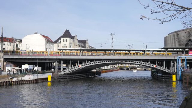Berlin city center, U-Bahn and S-Bahn train station Friedrichstrasse over river Spree