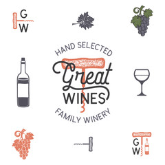 Wine, winery logo and icons, elements. Drink, alcoholic beverage symbol, monogram. Wine bottle, glass, grape, leaf. Great wines lettering. Stock illustration isolated on white background