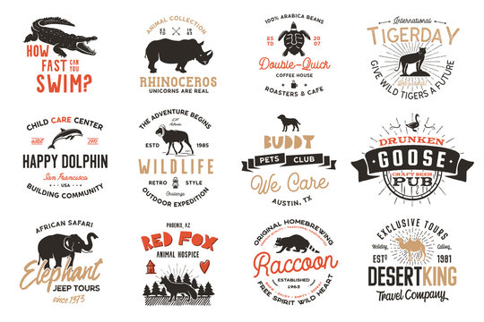Wild animal Badges set and great outdoors activity insignias. Retro illustration of animal badges. Typographic camping style. wild Animal logos with letterpress effect. Explorer quotes