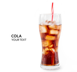 Cola in glass with straw and ice cubes isolated on white background. Soda with bubbles isolated on white. Refreshing non-alcoholic drink