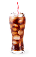 Cola in glass with straw and ice cubes isolated on white background. Soda with bubbles isolated on...
