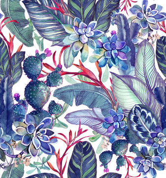  Tropical Seamless Pattern With Succulents, Tropical Leaves. Botanical Background