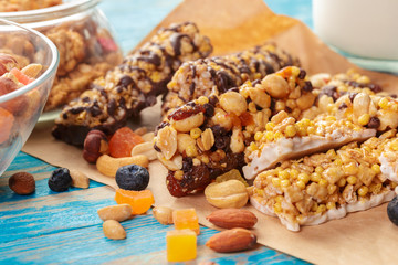 Granola bar on wooden background