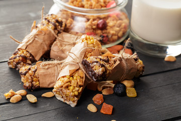 Granola bar on wooden background