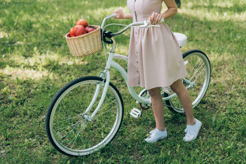 Fototapeta na wymiar cropped shot of woman in dress holding retro bicycle with wicker basket full of ripe apples at countryside