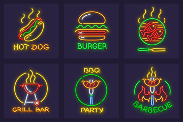 Set of neon icons for barbecue and cooking food on grill picnic.