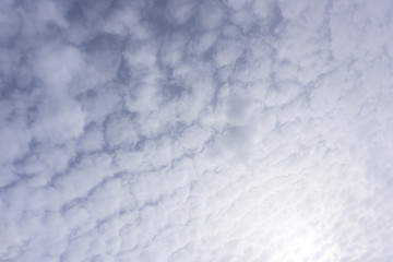 Cumulus humilis clouds in the blue sky view from below