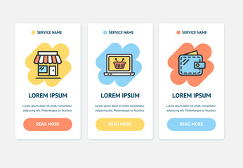 Oneboarding App Screens Cards E-commerce Set. Vector