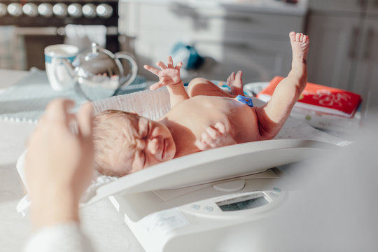 Newborn baby girl being weighed