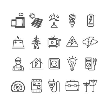 Electricity Signs Black Thin Line Icon Set. Vector