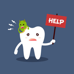 Unhealthy dental caries tooth character with text help. Microbes destroy the tooth. Flat vector illustration isolated on dark background. Cartoon style.