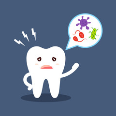 Cartoon tooth tells about oral hygiene. Microbes in the speech bubble. Diseases of the teeth, caries. Flat vector illustration isolated on dark background.