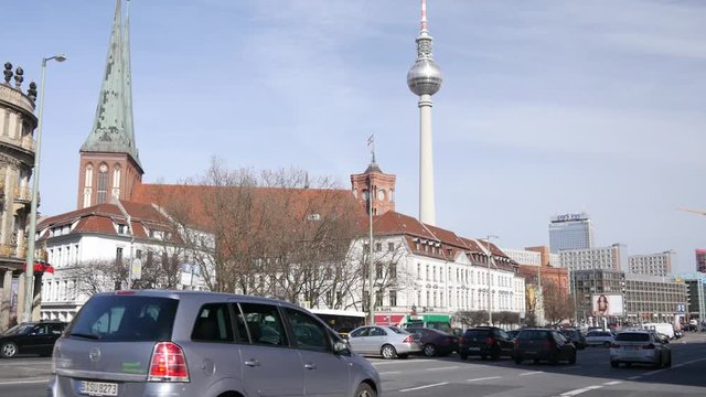 Berlin street and buildings, road traffic in city center