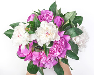 Bouquet of pink and white peony flowers in woman's hand isolated on white background. Top view. Flat lay.