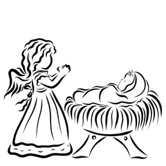 The Little Angel Prays Before the Sleeping Baby Jesus