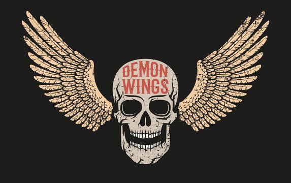 Skull with wings - color logo on a black background. A worn texture on a separate layer.