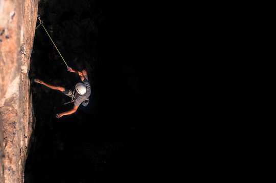 Young man, sport climbing, overhead view, Skaha Bluffs Provincial Park, Penticton, Canada