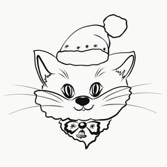A kitten in a Christmas cap with a bow and a bell