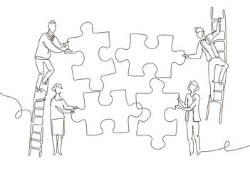 Business team doing a puzzle - one line design style illustration