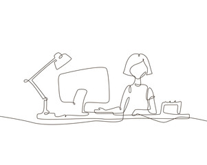 Girl at the computer - one line design style illustration