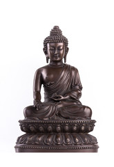 Buddha's figure, brown color made of metal in a meditation pose with the hands located in mudra of donations.