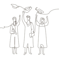 Happy graduating students - one line design style illustration