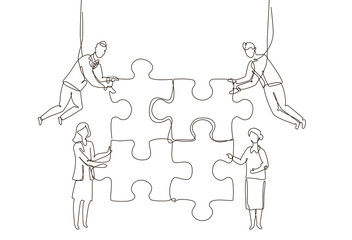 Business team doing a puzzle - one line design style illustration