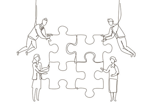Business team doing a puzzle - one line design style illustration