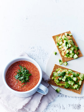 Gazpacho, salmon, cucumber, rye crackers