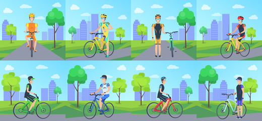 Cyclists Riding Bicycle in Park Vector Poster.