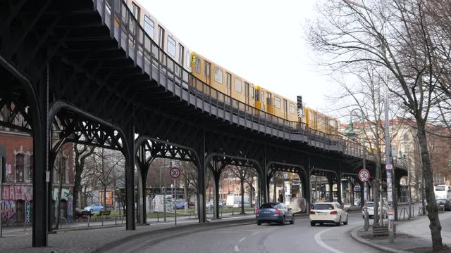 Berlin morning traffic, U-Bahn after Crossing the Oberbaum Bridge