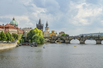 Fototapeta premium Scenic spring view of the Old Town pier architecture and Charles Bridge