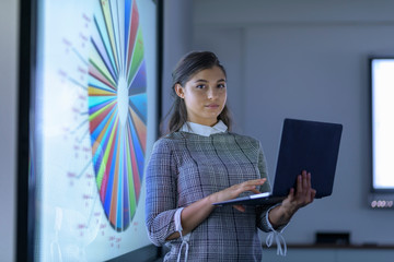 Portrait of young businesswoman with laptop and interactive screens with graphs and charts in business meeting