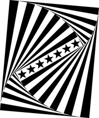Geometric pattern with spiral stripes and seven stars with optical illusion in black and white 