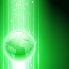 Abstract green background with stream of binary code to the globe. EPS10 vector.