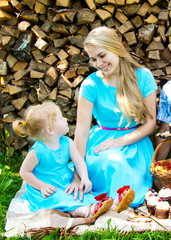 caucasian family celebration birthday little girl village style mother and daughter