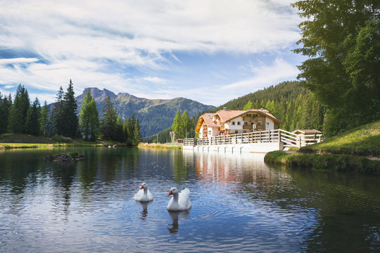 lake at the Dolomites mountains
