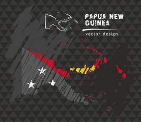 Papua New Guinea map with flag inside on the black background. Chalk sketch vector illustration